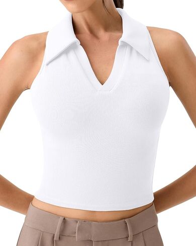 Women's Polo Tank Top with Built in Bra V Neck Collared Ribbed Sleeveless Tops Yoga Workout Cropped Tank in Kuwait