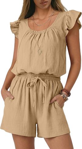 Rompers for Women Summer Casual Ruffle Sleeves Square Neck Drawstring Cute Jumpsuits Beach Vacation Clothes in Saudi Arabia