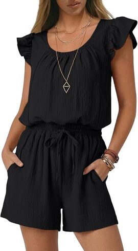 Rompers for Women Summer Casual Ruffle Sleeves Square Neck Drawstring Cute Jumpsuits Beach Vacation Clothes in Saudi Arabia