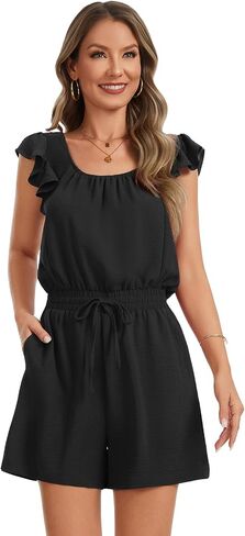 Rompers for Women Summer Casual Ruffle Sleeves Square Neck Drawstring Cute Jumpsuits Beach Vacation Clothes in Saudi Arabia