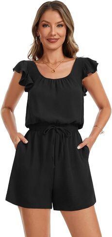 Rompers for Women Summer Casual Ruffle Sleeves Square Neck Drawstring Cute Jumpsuits Beach Vacation Clothes in Saudi Arabia
