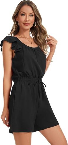 Rompers for Women Summer Casual Ruffle Sleeves Square Neck Drawstring Cute Jumpsuits Beach Vacation Clothes in Saudi Arabia