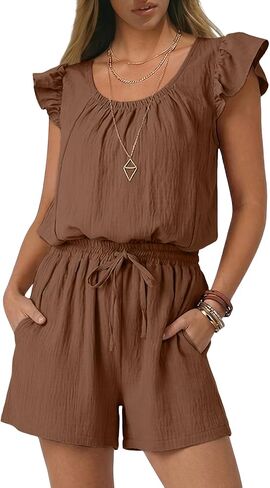 Rompers for Women Summer Casual Ruffle Sleeves Square Neck Drawstring Cute Jumpsuits Beach Vacation Clothes in Saudi Arabia