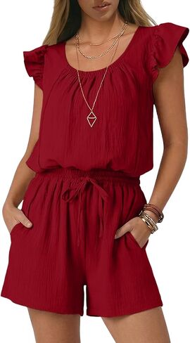 Rompers for Women Summer Casual Ruffle Sleeves Square Neck Drawstring Cute Jumpsuits Beach Vacation Clothes in Saudi Arabia