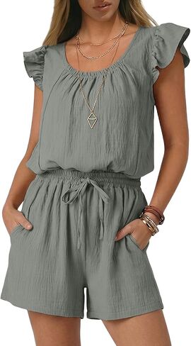Rompers for Women Summer Casual Ruffle Sleeves Square Neck Drawstring Cute Jumpsuits Beach Vacation Clothes in Saudi Arabia