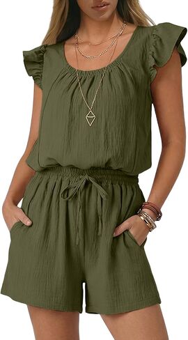 Rompers for Women Summer Casual Ruffle Sleeves Square Neck Drawstring Cute Jumpsuits Beach Vacation Clothes in Saudi Arabia