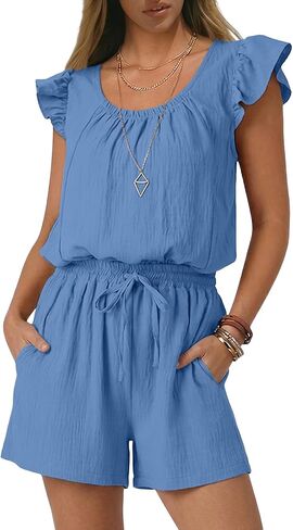 Rompers for Women Summer Casual Ruffle Sleeves Square Neck Drawstring Cute Jumpsuits Beach Vacation Clothes in Saudi Arabia