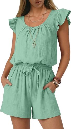 Rompers for Women Summer Casual Ruffle Sleeves Square Neck Drawstring Cute Jumpsuits Beach Vacation Clothes in Saudi Arabia