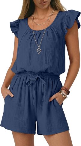 Rompers for Women Summer Casual Ruffle Sleeves Square Neck Drawstring Cute Jumpsuits Beach Vacation Clothes in Saudi Arabia