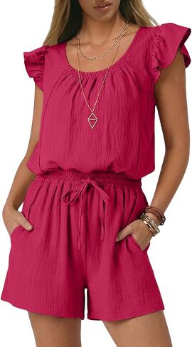 Rompers for Women Summer Casual Ruffle Sleeves Square Neck Drawstring Cute Jumpsuits Beach Vacation Clothes in Saudi Arabia