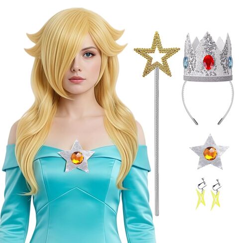 FOVER 6PCS Blonde Princess Wig for Women Rosalina Costume Cosplay Long Wavy Wig with Crown Wand Brooch Earrings Wig Cap | Thick Full Hair, Pre-cut Bangs, Secure Fit for Halloween Birthday Party FE051 in Saudi Arabia