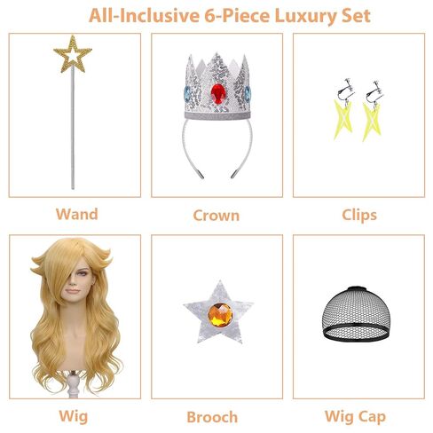 FOVER 6PCS Blonde Princess Wig for Women Rosalina Costume Cosplay Long Wavy Wig with Crown Wand Brooch Earrings Wig Cap | Thick Full Hair, Pre-cut Bangs, Secure Fit for Halloween Birthday Party FE051 in Saudi Arabia