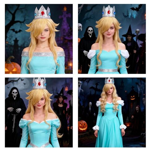 FOVER 6PCS Blonde Princess Wig for Women Rosalina Costume Cosplay Long Wavy Wig with Crown Wand Brooch Earrings Wig Cap | Thick Full Hair, Pre-cut Bangs, Secure Fit for Halloween Birthday Party FE051 in Saudi Arabia