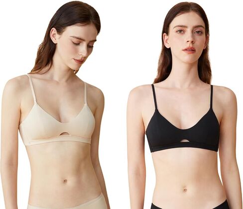 2-Pack Organic Cotton Bra for Women, Wireless Scoop Neck Padded Bra, Seamless T-Shirt Bra for Small Breasted Women (Nude & Black) in Saudi Arabia