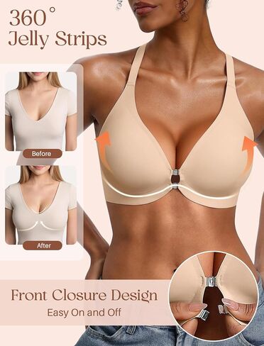 Jelly Bras for Women Front Closure No Underwire Seamless Bralettes Wireless Push Up Soft V Neck Full Coverage Comfortable Sports Everyday Womens Bra Nude S in Saudi Arabia