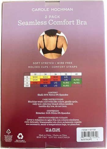 Carole Hochman Seamless Comfort Bra Wire Free Molded Cups Comfort Straps (2 Pack), Black/Taupe, Large in Kuwait