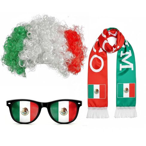 Mexico Fan Costume Wig Set, Green White Red Curly Afro Headband Wig with Mexico Flag Scarf and Novelty Sunglasses, 3 Piece World Soccer Cup Fans Cheer Accessories in Saudi Arabia