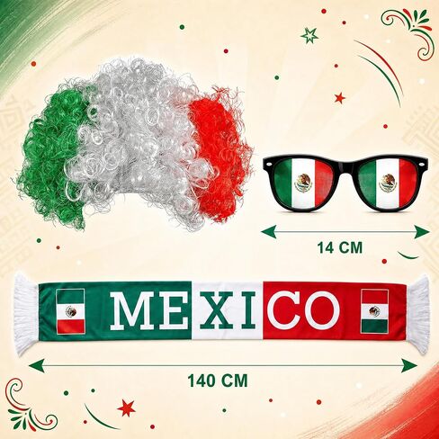 Mexico Fan Costume Wig Set, Green White Red Curly Afro Headband Wig with Mexico Flag Scarf and Novelty Sunglasses, 3 Piece World Soccer Cup Fans Cheer Accessories in Saudi Arabia