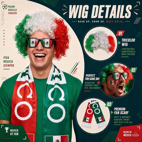 Mexico Fan Costume Wig Set, Green White Red Curly Afro Headband Wig with Mexico Flag Scarf and Novelty Sunglasses, 3 Piece World Soccer Cup Fans Cheer Accessories in Saudi Arabia