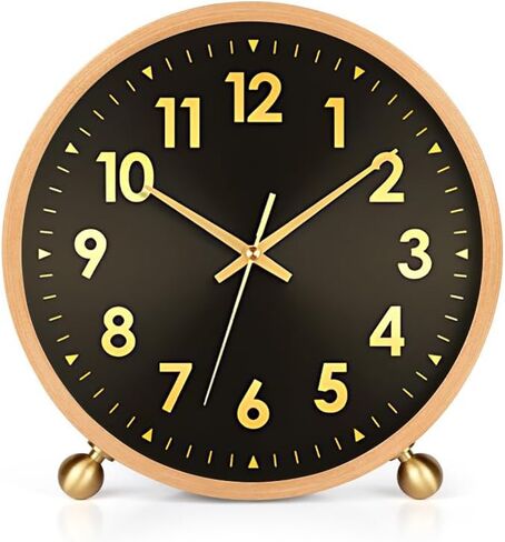 Maxspace Wooden Table Clock,8in Silent Non-Ticking Desk Clock with Gold Ball Base,Battery Operated Desktop Analog Clock for Living Room Office Bedroom Decor (Green Gold - Walnut, Copper Ball Base) in Saudi Arabia