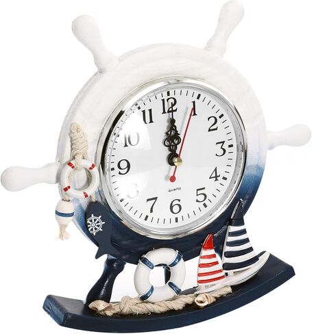 TOYANDONA Mediterranean Style Wooden Desktop Clock Creative Nautical Swim Ring Pendulum Design Silent Mute Clock for Living Room Table Decor in Kuwait