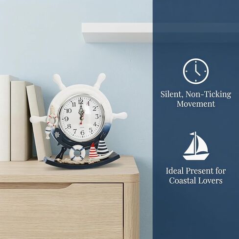 TOYANDONA Mediterranean Style Wooden Desktop Clock Creative Nautical Swim Ring Pendulum Design Silent Mute Clock for Living Room Table Decor in Kuwait