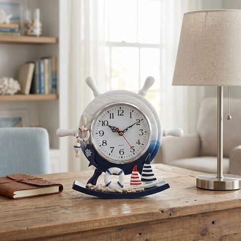 TOYANDONA Mediterranean Style Wooden Desktop Clock Creative Nautical Swim Ring Pendulum Design Silent Mute Clock for Living Room Table Decor in Kuwait