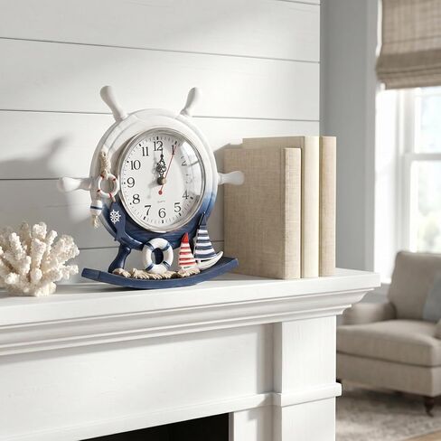 TOYANDONA Mediterranean Style Wooden Desktop Clock Creative Nautical Swim Ring Pendulum Design Silent Mute Clock for Living Room Table Decor in Kuwait