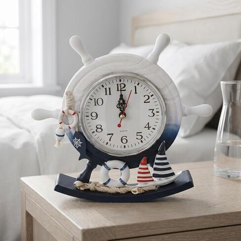 TOYANDONA Mediterranean Style Wooden Desktop Clock Creative Nautical Swim Ring Pendulum Design Silent Mute Clock for Living Room Table Decor in Kuwait