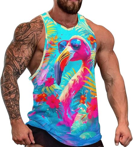 FALREO Mens Pink Flamingo Tank Tops Summer Sleeveless Shirts Beach Graphic Workout Sport Gym Muscle Shirt in Kuwait