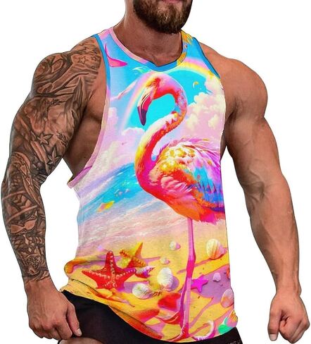 FALREO Mens Pink Flamingo Tank Tops Summer Sleeveless Shirts Beach Graphic Workout Sport Gym Muscle Shirt in Kuwait