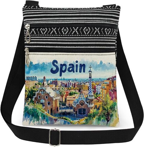 Spain Themed Crossbody Bag Vibrant Watercolor Print of Spanish Architecture and Coastal Cityscape Messenger Bag Adults Adjustable Strap Purse European Travel Souvenir Gift for Wanderlust in Kuwait