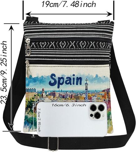 Spain Themed Crossbody Bag Vibrant Watercolor Print of Spanish Architecture and Coastal Cityscape Messenger Bag Adults Adjustable Strap Purse European Travel Souvenir Gift for Wanderlust in Kuwait