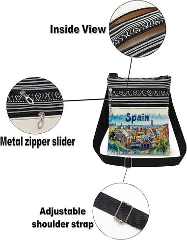 Spain Themed Crossbody Bag Vibrant Watercolor Print of Spanish Architecture and Coastal Cityscape Messenger Bag Adults Adjustable Strap Purse European Travel Souvenir Gift for Wanderlust in Kuwait