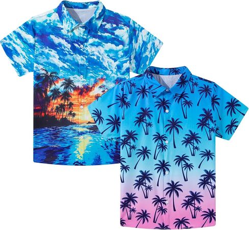 Kids4ever 2 Pack Boys Hawaiian Shirts Kids Vibrant Tropical Button Up Shirt for Summer Vacation School Theme Days 8-14 Years in Saudi Arabia