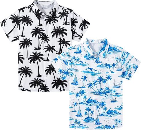 Kids4ever 2 Pack Boys Hawaiian Shirts Kids Vibrant Tropical Button Up Shirt for Summer Vacation School Theme Days 8-14 Years in Kuwait