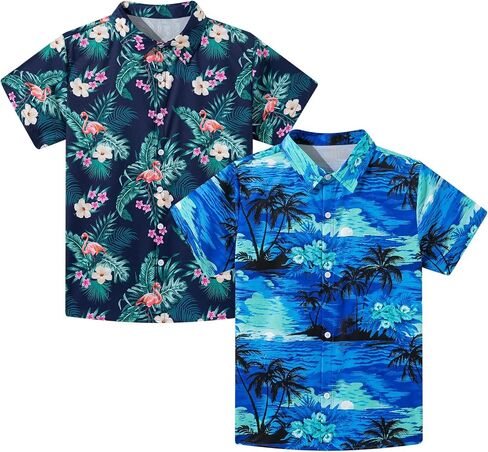Kids4ever 2 Pack Boys Hawaiian Shirts Kids Vibrant Tropical Button Up Shirt for Summer Vacation School Theme Days 8-14 Years in Kuwait