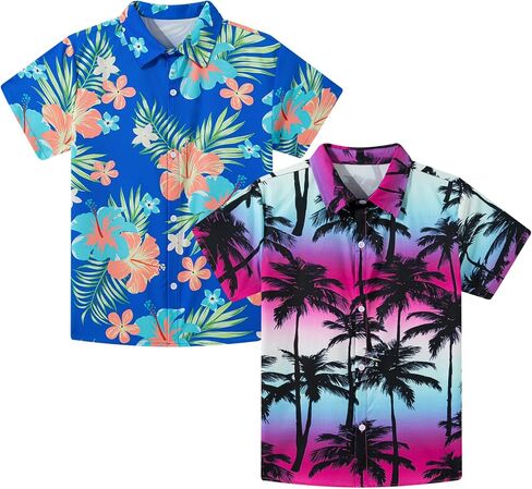 Kids4ever 2 Pack Boys Hawaiian Shirts Kids Vibrant Tropical Button Up Shirt for Summer Vacation School Theme Days 8-14 Years in Kuwait