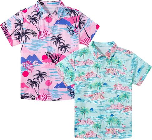 Kids4ever 2 Pack Boys Hawaiian Shirts Kids Vibrant Tropical Button Up Shirt for Summer Vacation School Theme Days 8-14 Years in Kuwait