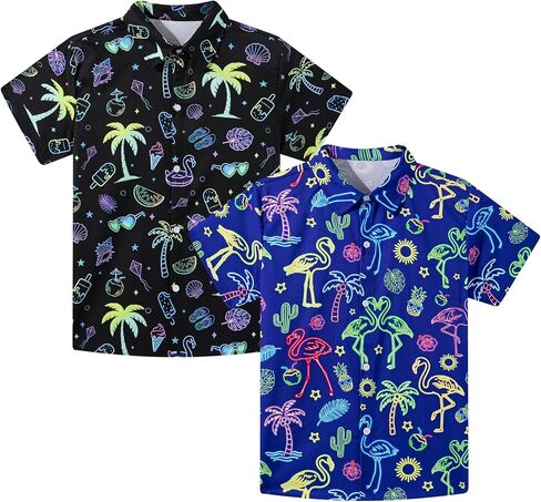 Kids4ever 2 Pack Boys Hawaiian Shirts Kids Vibrant Tropical Button Up Shirt for Summer Vacation School Theme Days 8-14 Years in Kuwait