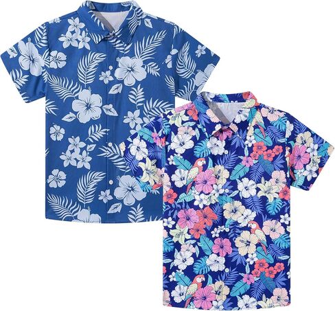 Kids4ever 2 Pack Boys Hawaiian Shirts Kids Vibrant Tropical Button Up Shirt for Summer Vacation School Theme Days 8-14 Years in Kuwait