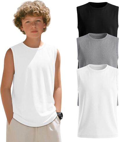 3 Pack Boys' Tank Tops Sleeveless Athletic Crew Neck Undershirts Casual Basic Solid Tees for Kids 5-14 Years in Saudi Arabia