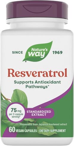 Nature's Way Resveratrol, Supports Antioxidant Pathways*, Helps Neutralize Free Radicals*, with Polyphenols from Red Wine Extract, 75mg per 2-Capsule Serving, Vegan, 60 Capsules (Packaging May Vary) in Kuwait
