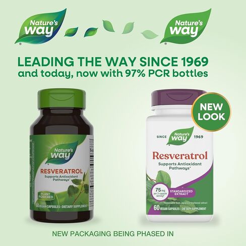 Nature's Way Resveratrol, Supports Antioxidant Pathways*, Helps Neutralize Free Radicals*, with Polyphenols from Red Wine Extract, 75mg per 2-Capsule Serving, Vegan, 60 Capsules (Packaging May Vary) in Kuwait