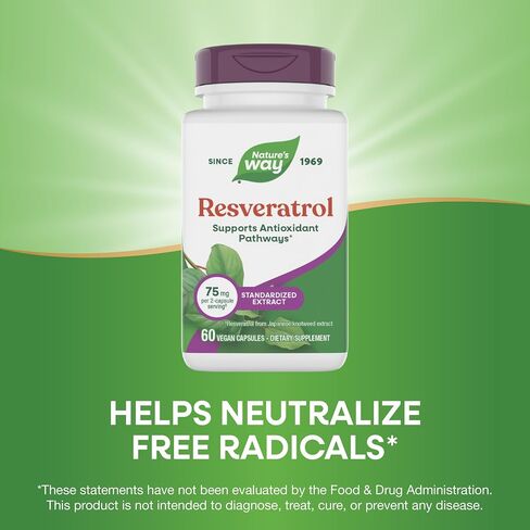 Nature's Way Resveratrol, Supports Antioxidant Pathways*, Helps Neutralize Free Radicals*, with Polyphenols from Red Wine Extract, 75mg per 2-Capsule Serving, Vegan, 60 Capsules (Packaging May Vary) in Kuwait
