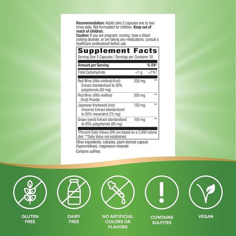 Nature's Way Resveratrol, Supports Antioxidant Pathways*, Helps Neutralize Free Radicals*, with Polyphenols from Red Wine Extract, 75mg per 2-Capsule Serving, Vegan, 60 Capsules (Packaging May Vary) in Kuwait