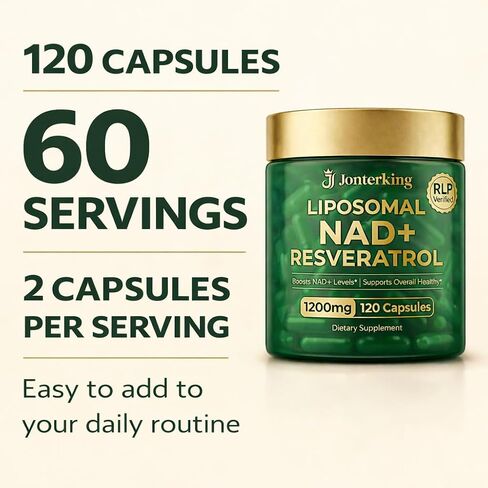 مكمل NAD+، 1200 مجم لكل جرعة، نيكوتيناميد ريبوسيد مالات مع ترانس ريسفيراترول، كيرسيتين وCoQ10، تركيبة مكملة يومية، 120 كبسولة نباتية، 60 حصة in Kuwait