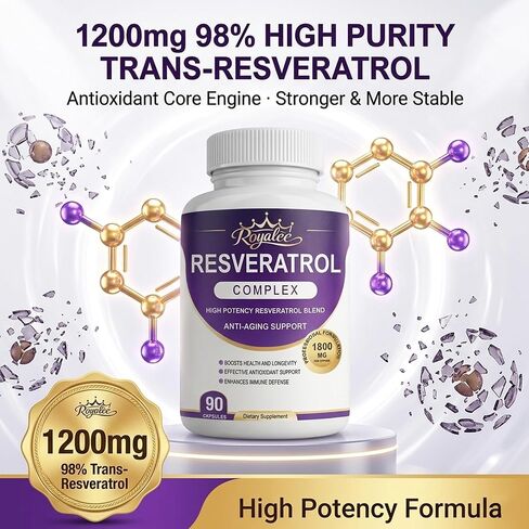 Trans-Resveratrol 1800mg Complex - 1200mg Pure Trans-Resveratrol 98% Purity with Quercetin, Grape Seed & Black Pepper for Max Absorption - Anti-Aging & Heart Support - 90 Vegan Capsules in Saudi Arabia