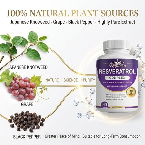 Trans-Resveratrol 1800mg Complex - 1200mg Pure Trans-Resveratrol 98% Purity with Quercetin, Grape Seed & Black Pepper for Max Absorption - Anti-Aging & Heart Support - 90 Vegan Capsules in Saudi Arabia