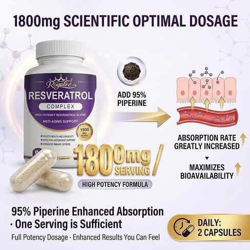 Trans-Resveratrol 1800mg Complex - 1200mg Pure Trans-Resveratrol 98% Purity with Quercetin, Grape Seed & Black Pepper for Max Absorption - Anti-Aging & Heart Support - 90 Vegan Capsules in Saudi Arabia